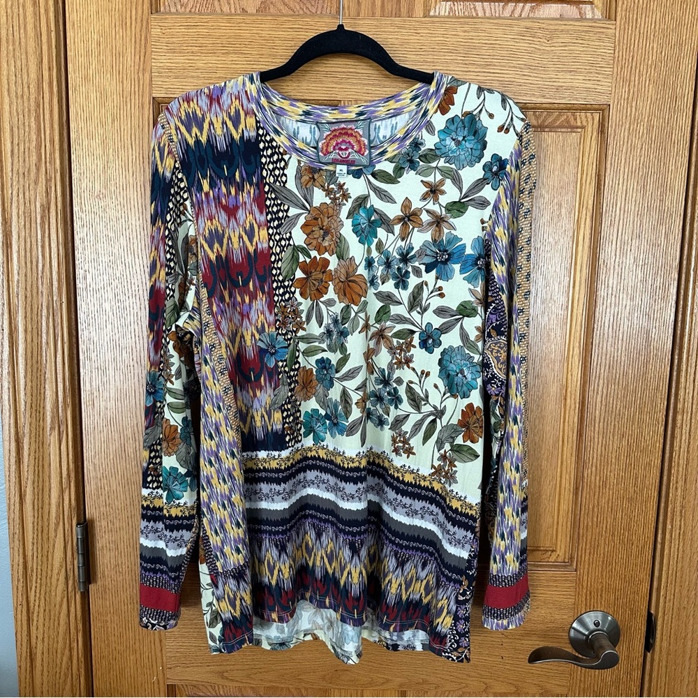 Johnny Was Betzy Favorite Long Sleeve Crew Neck Tee Boho Patchwork Bamboo Sz XL